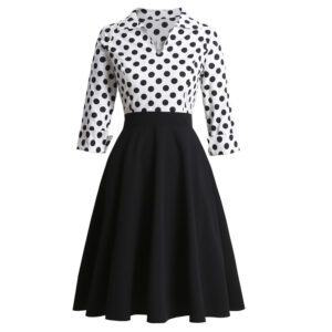 Retro Polka Dot Lapel Long Sleeve High Waist Dress