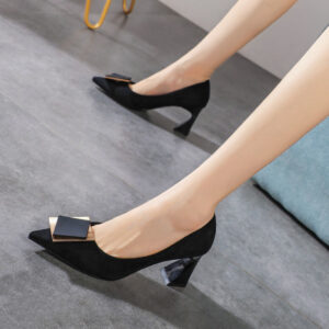 Net Celebrity Fairy Style Pointed Shallow Suede Square Buckle Professional Single Shoes Female OL Thick Heel High Heels