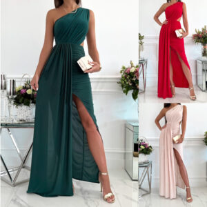 Summer Sleeveless Slanted Shoulder Cutout Air Quality Slit Dress