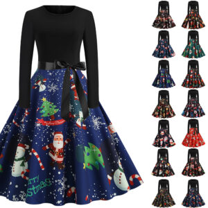 Retro Round Neck Print Long-Sleeved Dress
