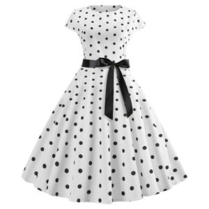 New Vintage Print Short Sleeves Hepburn Style Lace-up Large Swing Dress